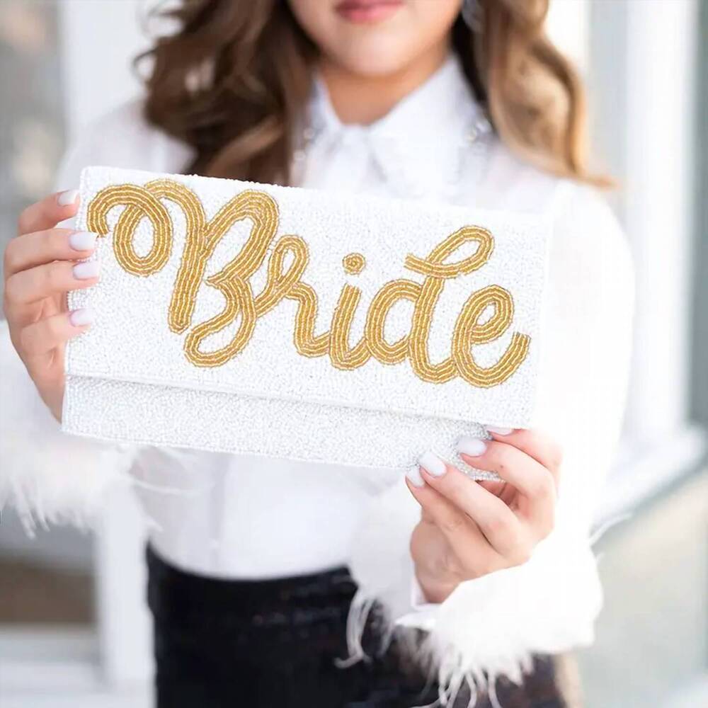 NEW VIV & LOU women's bride beaded clutch in ivory, gold